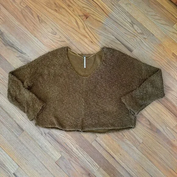 Free People Womens Cognac Brown Oversized Crop Fuzzy Popcorn Knit Sweater Medium - Picture 7 of 11